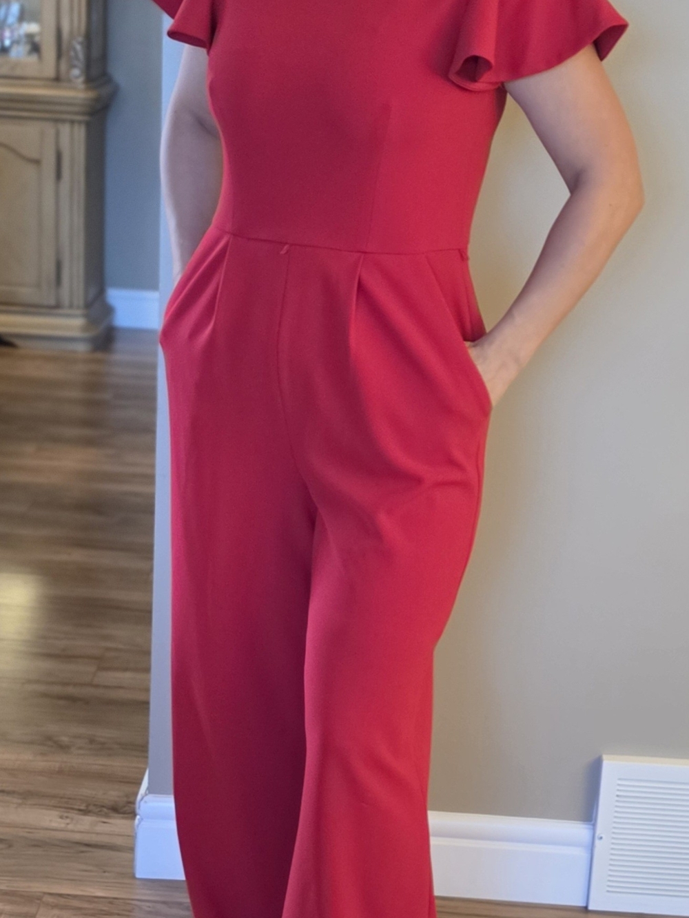 Red Women's Wide-Leg Jumpsuit with Flutter Sleeves